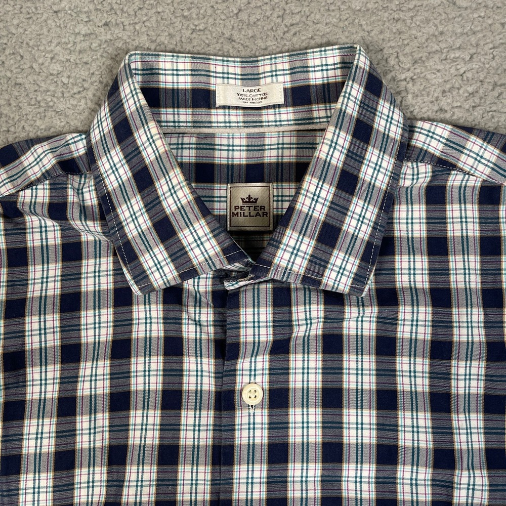 Peter Millar Crown Comfort Shirt Mens L Blue Green Plaid Striped‎ Office Preppy
